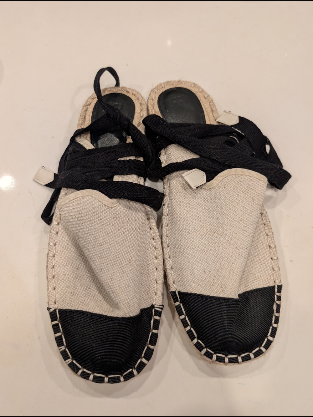 Canvas Espadrille Slides with Black Toe and Ankle Ties